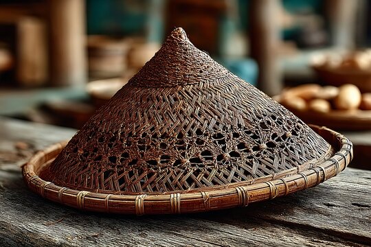 Bamboo coolie hat crafted with natural fibers high resolution picture