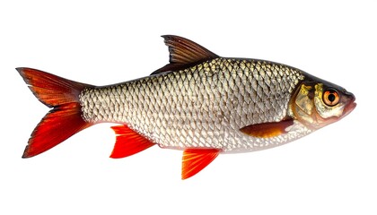 Side view of a single fish, with red fins and tail, on a white background