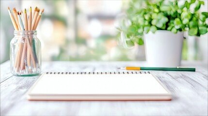 A blank notebook sits on a wooden table, surrounded by art supplies like paint brushes and a pencil, with a plant in the background. The scene is lit by bright,