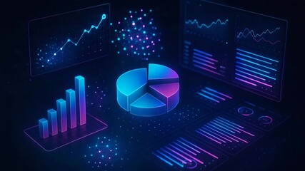 Visual representation of data analysis with graphs, pie charts, and a digital interface showcasing trends and insights. - Powered by Adobe