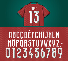 portugal font, Vector sport type design featuring tall letters and outlined numbers created for athletic apparel graphics, high-energy uniforms, performance visuals focused on modern technical style