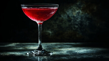 Sophisticated beverage styling with a deep red, chilled cocktail, glass clarity, and dark  mood. Visualizes mixology craft, modern rituals, and seasonal comfort for upscale bar and restaurant content