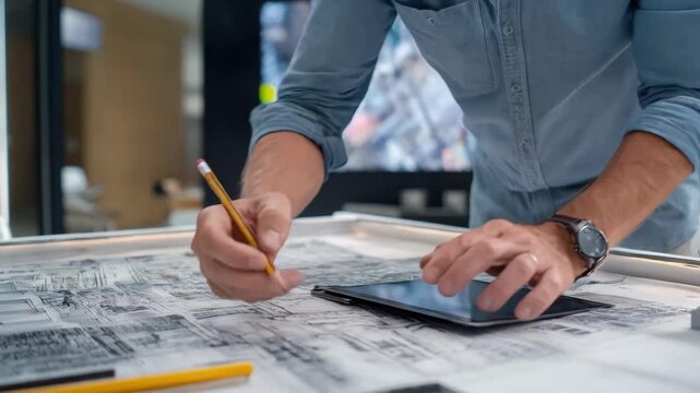 Engineer examining bioplastic samples on a drafting table showcasing sustainable and ecofriendly materials used in cuttingedge design projects.
