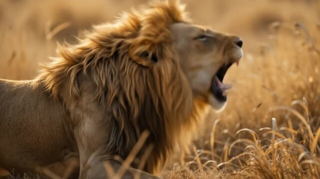 A majestic male lion roars across the African savannah, displaying wild animal behavior. 4k video