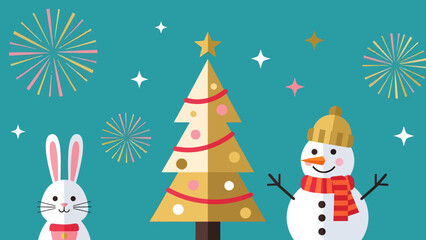 Festive illustration featuring a Christmas tree, snowman, rabbit, and fireworks against a teal background.