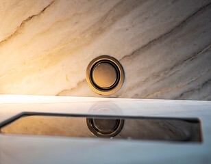 Close Up Of A Modern Circular Gold Drain In A Luxurious Marble Bathroom With Reflections On The Floor