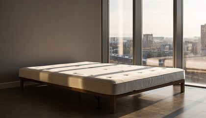 Unmade Mattress on Wooden Frame Near Large Window with Cityscape View at Sunset Warm Light