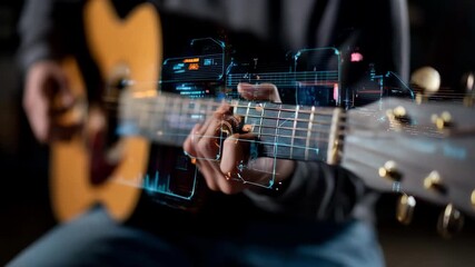 Medium shot of a person playing guitar with augmented reality overlays showing chord diagrams and finger positions for an interactive music lesson.