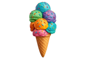Colorful ice cream cone with multiple scoops and sprinkles on a transparent background, representing summer dessert and sweet treats