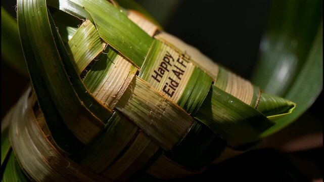 Traditional Ketupat with Happy Eid Al Fitr message in natural lighting