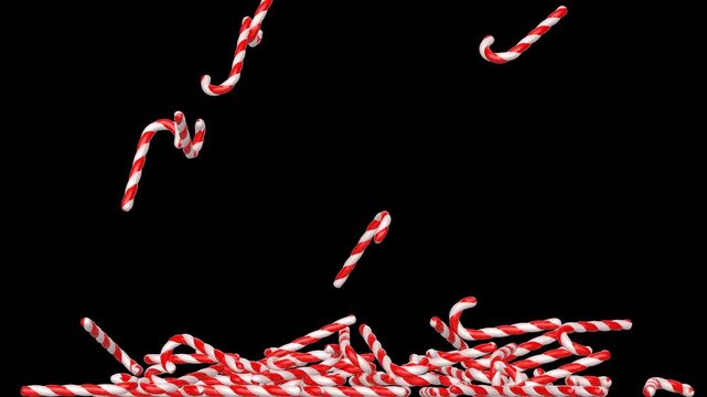 Christmas holiday treats, sweet candy sticks, sugar canes falling down 4k 3d animation