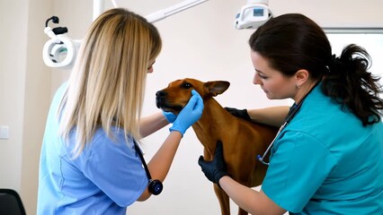 Veterinary Care for a Brown Dog by Female Vets