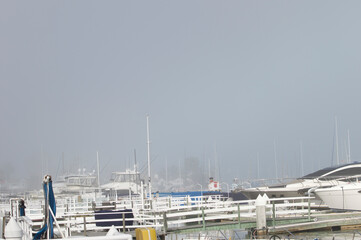 Marina in California on a foggy morning