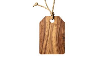 Wood tag with rope, isolated on black.  Striking grain pattern. Warm hue, with smoothed edges