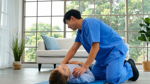 Male Asian Healthcare Professional Performing CPR on Young Adult Female