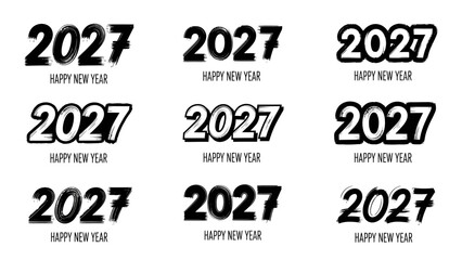 Nine different designs of the number 2027 with Happy New Year text below, in black and white.