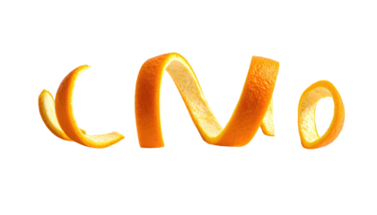 Curved orange peel sections against black; dynamic and bright, showing texture and vibrant color