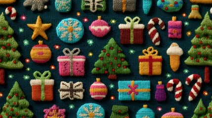 Photo-realistic knitted winter playground, pastel colors, snowman, warm lights, magical Christmas atmosphere for greeting cards or decorations.