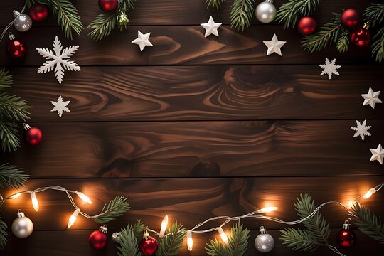 Rustic Dark Wood Background with Christmas Fir Branches, Red Ornaments, and Bright Fairy Light