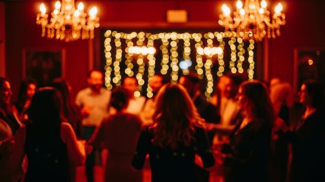 Blurred party scene with bokeh lights and chandeliers people dancing in a dimly lit room with 4K Ai HD high quality video.
