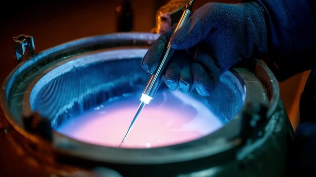 Medium shot of a technician performing nitriding process by submerging steel components into heated salt emphasizing surface hardening transformation.