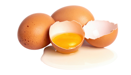 Three tan eggs, one cracked open with yolk & egg white spilling out on black background, soft lighting