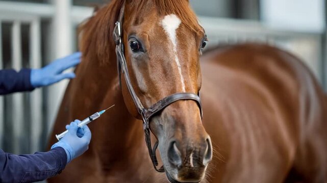 Medium shot of a veterinarian administering a vaccine to a racehorse before a competition emphasizing preventive care.