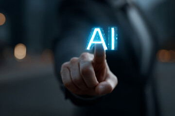 Hand interacting with futuristic AI icon,generative ai