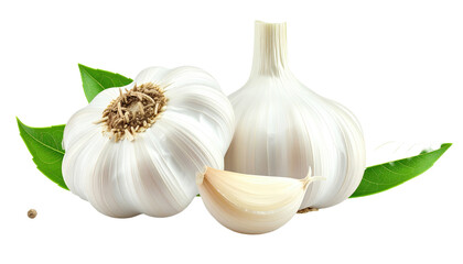 Two whole garlic bulbs and a clove are arranged with bay leaves on a black backdrop
