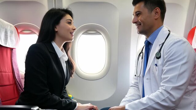Medical Consultation on an Airplane: Female Patient and Male Doctor Engaging in Conversation