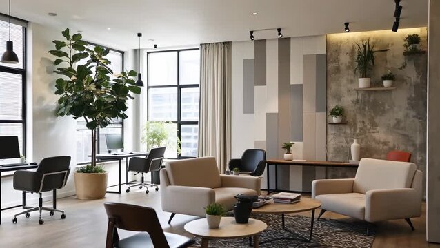 Modern Office Interior Design with Greenery and Functional Workspaces