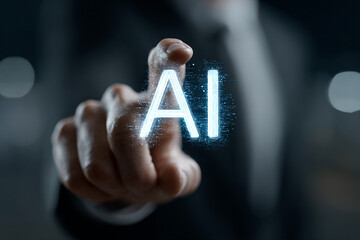 Hand interacting with futuristic AI icon,generative ai