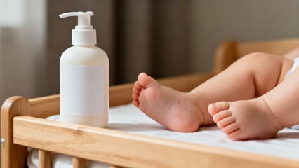 Softest little toes peeking out from a cozy crib, perfectly paired with a bottle of lotion just waiting to pamper those tiny feet