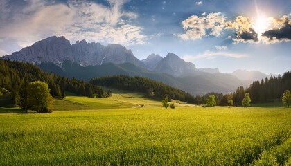 serene landscape featuring lush green fields and majestic mountains in background evoking sense of tranquility and natural beauty
