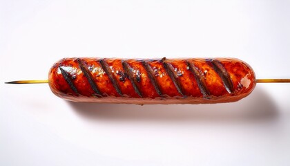 grilled sausage on skewer showcasing deliciously charred surface on white background