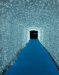 A long perspective tunnel fully covered with sparkling Christmas lights. Vertical photo.