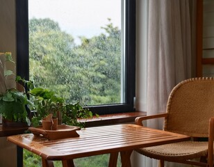 a cozy wooden table and chair by the window on a rainy day
