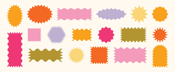 Colorful wavy, zigzag and jagged shapes set in various geometric forms. Vibrant abstract stickers for frames, badges, labels, promo design, templates and digital graphics. Flat vector elements isolate