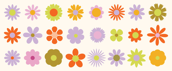 Set of abstract Daisy flowers. Chamomile flat icon, cartoon retro spring flowers. Geometric flower set. Abstract minimal daisy elements. Botanical summer elements, natural bloom petal. Floral design