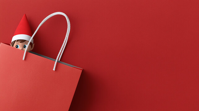 Small elf doll peeks out from red shopping bag against solid red background. Christmas shopping. - Powered by Adobe