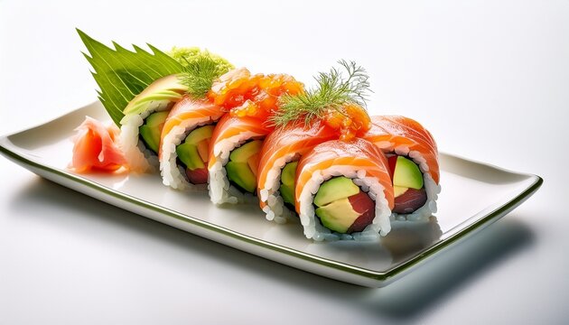 sushi roll with fresh vegetables and fish showcasing vibrant colors and textures on white background