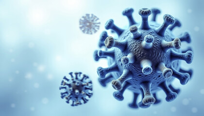 Detailed 3D Rendering of a Blue Coronavirus-like Particle on a Light Background