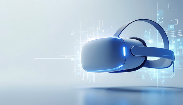 Futuristic VR Headset Floating in Light with Digital Interface Background