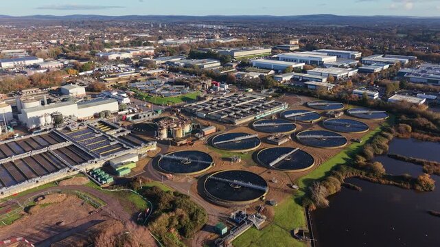 Aerial View of a Large Water Purification facility in the British city of Havant Suburban Landscape