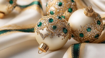 Close-up of ornate champagne and ivory ornaments, shimmering beads and glitter creating glamorous festive texture for luxury seasonal designs