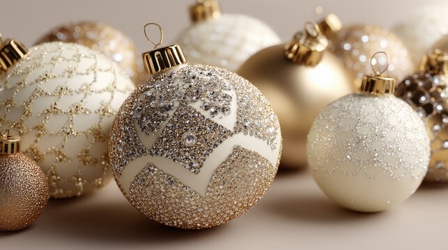 Close-up of ornate champagne and ivory ornaments, shimmering beads and glitter creating glamorous festive texture for luxury seasonal designs