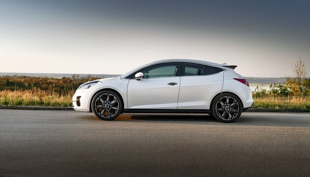 sleek white car is showcased from side highlighting its modern design and stylish alloy wheels against minimalistic background image conveys sense of sophistication and elegance