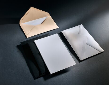 minimalist floating envelopes and cards on dark gray background with shadows modern business stationery still life design and creative layout for branding invitations corporate identity and elegan