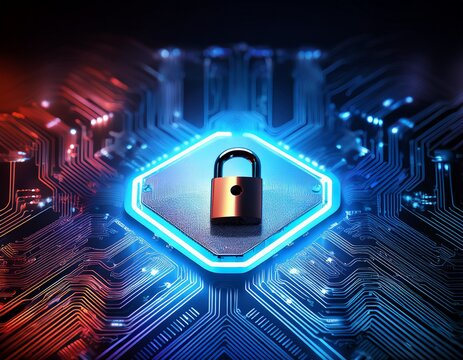 floating digital lock on a glowing colorful circuit board background symbolizing cyber security fraud prevention privacy and secure computing systems with space for text or captions - Powered by Adobe