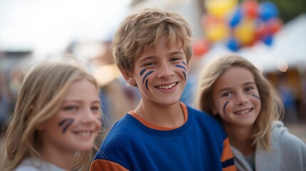 A family-friendly fan zone with kids painting their faces in team colors, balloons floating overhead, and volunteers handing out themed merchandise — inclusive sports culture, joyful crowd
